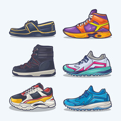 Set collection of shoe cartoon icons, Vector Concept Flat design. Vector illustration Sneakers in flat style. vector sneaker shoes side view.