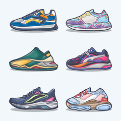 Set collection of shoe cartoon icons, Vector Concept Flat design. Vector illustration Sneakers in flat style. vector sneaker shoes side view.