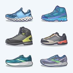 Set collection of shoe cartoon icons, Vector Concept Flat design. Vector illustration Sneakers in flat style. vector sneaker shoes side view.
