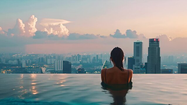 Young woman in bikini relaxing in an infinity pool on a rooftop in Singapore