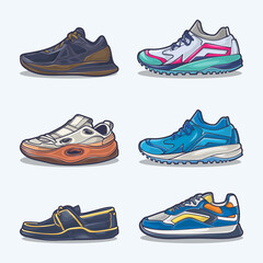 Set collection of shoe cartoon icons, Vector Concept Flat design. Vector illustration Sneakers in flat style. vector sneaker shoes side view.