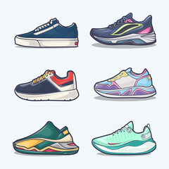 Set collection of shoe cartoon icons, Vector Concept Flat design. Vector illustration Sneakers in flat style. vector sneaker shoes side view.
