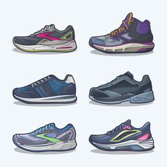 Set collection of shoe cartoon icons, Vector Concept Flat design. Vector illustration Sneakers in flat style. vector sneaker shoes side view.