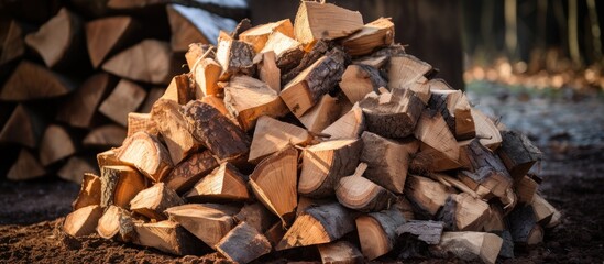 A stack of dry wooden sticks, used as solid fuel for a boiler or barbecue, is placed on a pile of dirt in an outdoor setting. The wood is neatly stacked on top of the loose soil.