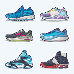 Set collection of shoe cartoon icons, Vector Concept Flat design. Vector illustration Sneakers in flat style. vector sneaker shoes side view.