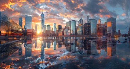 Fototapeta premium Bustling City Street During Sunset