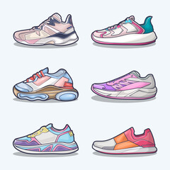 Set collection of shoe cartoon icons, Vector Concept Flat design. Vector illustration Sneakers in flat style. vector sneaker shoes side view.