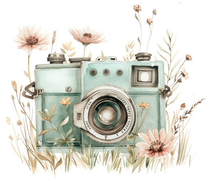Retro camera among wildflowers and herbs