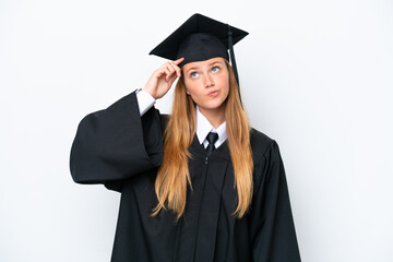 Young university graduate caucasian woman isolated on white background having doubts and with...