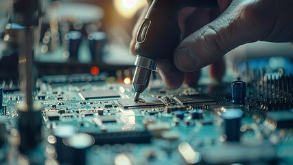 close up of a electronic circuit board, repair of a computer, close up of a computer board soldering with soldering iron by technician - obrazy, fototapety, plakaty