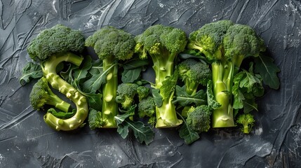Texto Brocculi ¡SÍ! La palabra SÍ ensamblada a partir del brécol. Verdes y brócoli se juntan en la forma de la inscripción YES. El brócoli y los verdes se esforzaron mucho. Inscripción ¡Sí brócoli! - obrazy, fototapety, plakaty