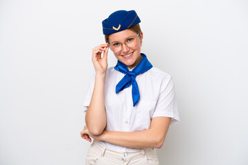 Airplane stewardess woman isolated on white background with glasses and happy