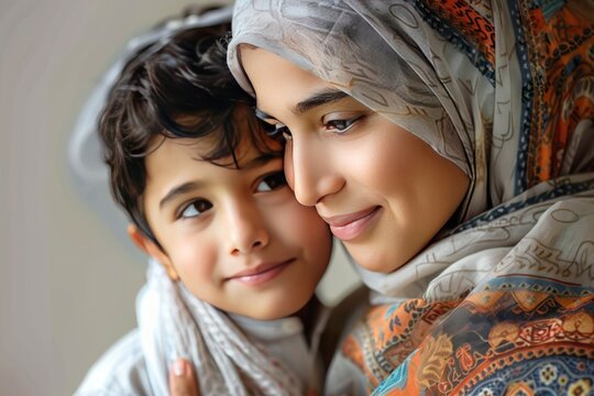 Muslim mother and son loving each other, copy space - generative ai
