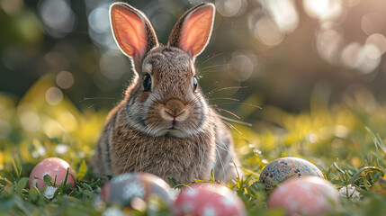 Cute Easter bunny sitting on the lawn next to Easter eggs