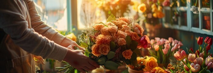 Florist Arranging Flowers in Flower Shop - obrazy, fototapety, plakaty