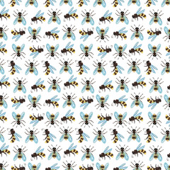 A pattern of a flying bee, an insect with honey.Watercolor illustration, isolated illustration on a white background