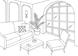Fototapeta na wymiar Classic living room graphic black white home interior sketch illustration vector