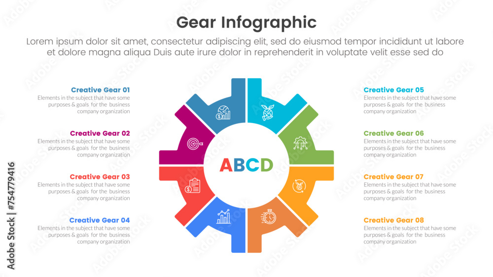 Poster gear cogwheel infographic template banner with big circle center and description stack with 8 point 