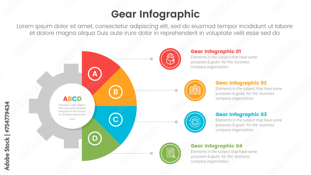 Poster gear cogwheel infographic template banner with half circle piechart with line on circle stack with 4
