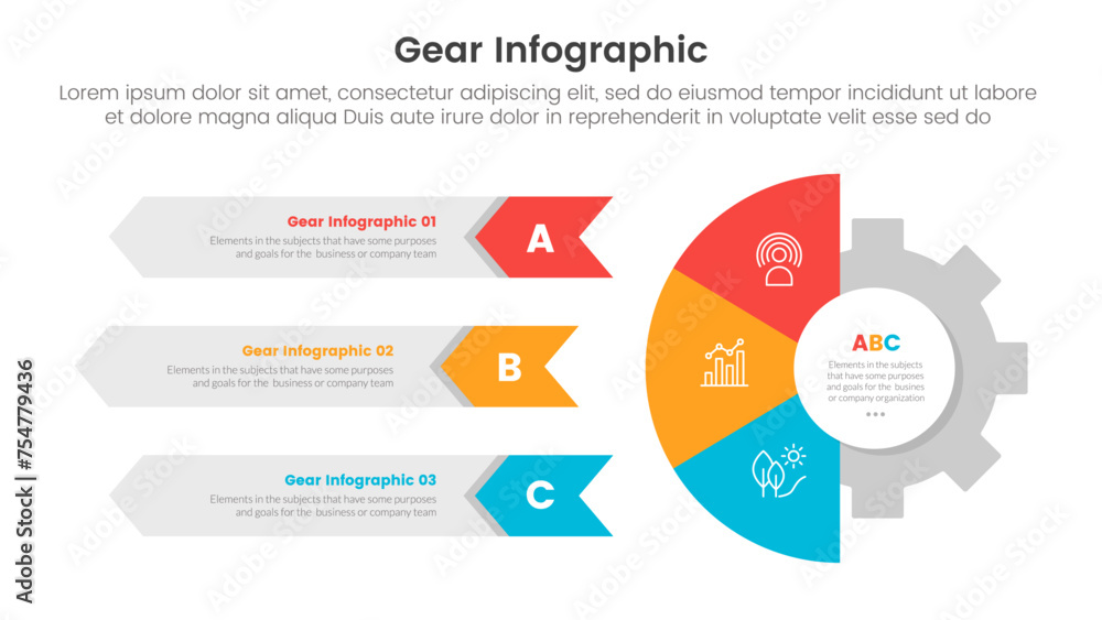 Poster gear cogwheel infographic template banner with half circle and rectangle arrow shape with 3 point li