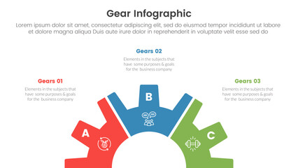 gear cogwheel infographic template banner with half circle on bottom center with 3 point list information for slide presentation