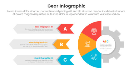 gear cogwheel infographic template banner with half circle and rectangle arrow shape with 3 point list information for slide presentation - obrazy, fototapety, plakaty