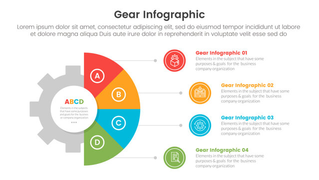 gear cogwheel infographic template banner with half circle piechart with line on circle stack with 4 point list information for slide presentation