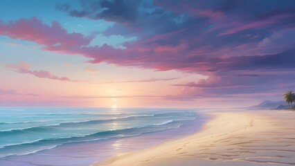 A twilight beach scene, the merging colors of sand, sea, and sky creating a tranquil, dreamy atmosphere without defined lines, generative AI