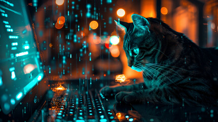a cat with computer hacking concept, generative ai - obrazy, fototapety, plakaty