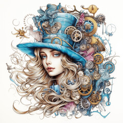 Alice in Wonderland in Steampunk Style Illustration. Portrait of a Girl in Abstract Hat.