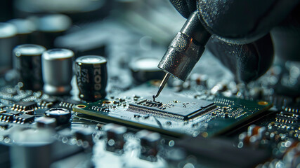 close up of a electronic circuit board, repair of a computer, close up of a computer board soldering with soldering iron by technician - obrazy, fototapety, plakaty