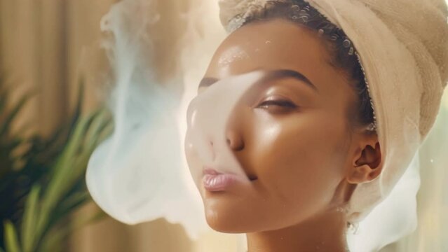 A womans face half covered in steam with a relaxed and rejuvenated expression as she indulges in a deep skincare treatment with a facial steamer.