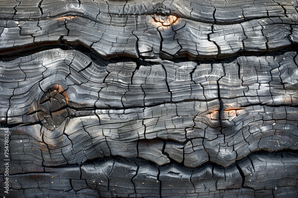 Poster textured detail of charred wood surface with cracks and natural patterns - background for artistic a