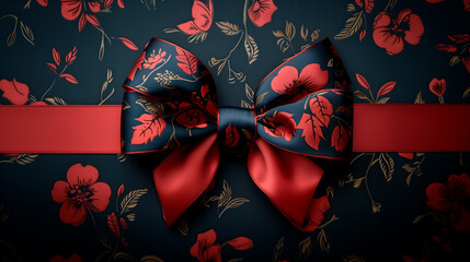 Red rich velvet background with bow. Flowers on a ribbon, a special bow on a dark background. For your design.