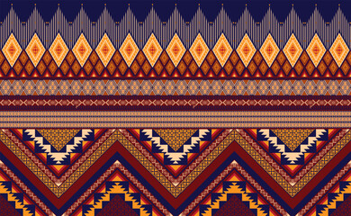 Ethnic pattern.Triangle shape on blue background.Geometric shape.Yellow pattern.Zigzag pattern.Seamless.Square shape.DIgital design.Illustator.Design for skirt.Clothes.Carpet.Printing. Knitting work.