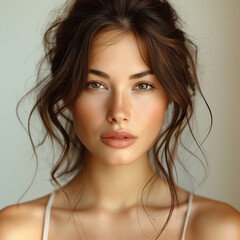 Beauty brunette woman with neat hair and healthy skin looks at the camera natural makeup of a young beautiful model on a studio background with copy space. cosmetic concept ai technology