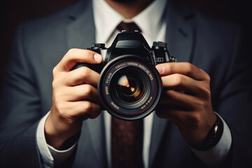 A stylish man in clothes holds a camera in his hands