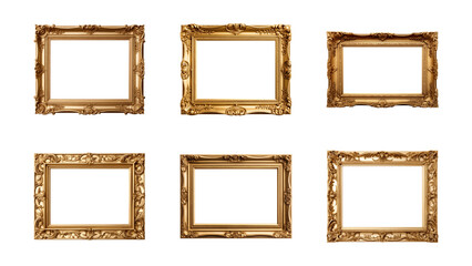 Collection of antique gold picture rectangular frames isolated on a transparent background, PNG