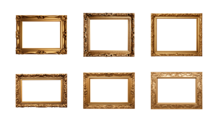 Collection of antique gold picture rectangular frames isolated on a transparent background, PNG
