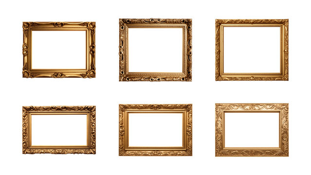 Collection of antique gold picture rectangular frames isolated on a transparent background, PNG