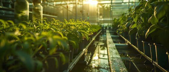 At one end of the greenhouse, a system of pumps, filters, and dosing reservoirs precisely monitors and adjusts the water's mineral content. Arrays of sensors provide real-time data on every plant's gr - obrazy, fototapety, plakaty