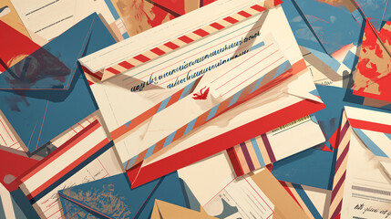 Postal Airmail Stationery set vintage retro style paper, letter, envelope, stamp and postal elements graphic template frames illustration - 754781616