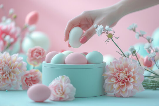 A woman's hand arranging an Easter egg into a gift box. Traditions, springtime, harmony, tender moments theme. Soft pink background, space for text.