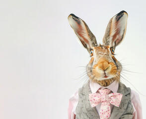 Obraz na płótnie Canvas An illustration of funny hare wearing trendy suit. White background for text. 