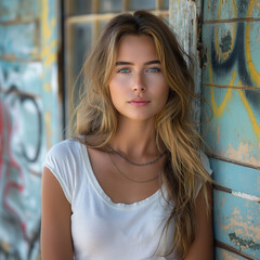 Naklejka premium beautiful young woman leaning against wall and wearing lowtop ai technology