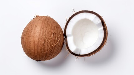 A coconut half is showcased in isolation against a white background, captured from a top-down perspective.
