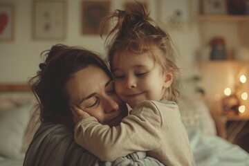 Caucasian mother gently holding her crying daughter in arm with passions bonding love relationship, Mother's day concept, mom and child happy moment hugging together, happy female with adorable kid - obrazy, fototapety, plakaty