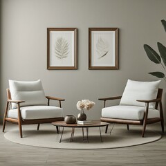 Two mockup frames in a living room, white arm chair