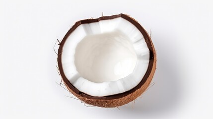 A coconut half is showcased in isolation against a white background, captured from a top-down perspective.