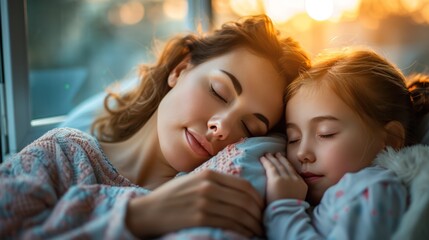 Caucasian mother sitting with her daughter on bed embracing love bonding relationship on Mother's Day. happy female relaxed hugging child happy holding in chest with tenderness affectionate together